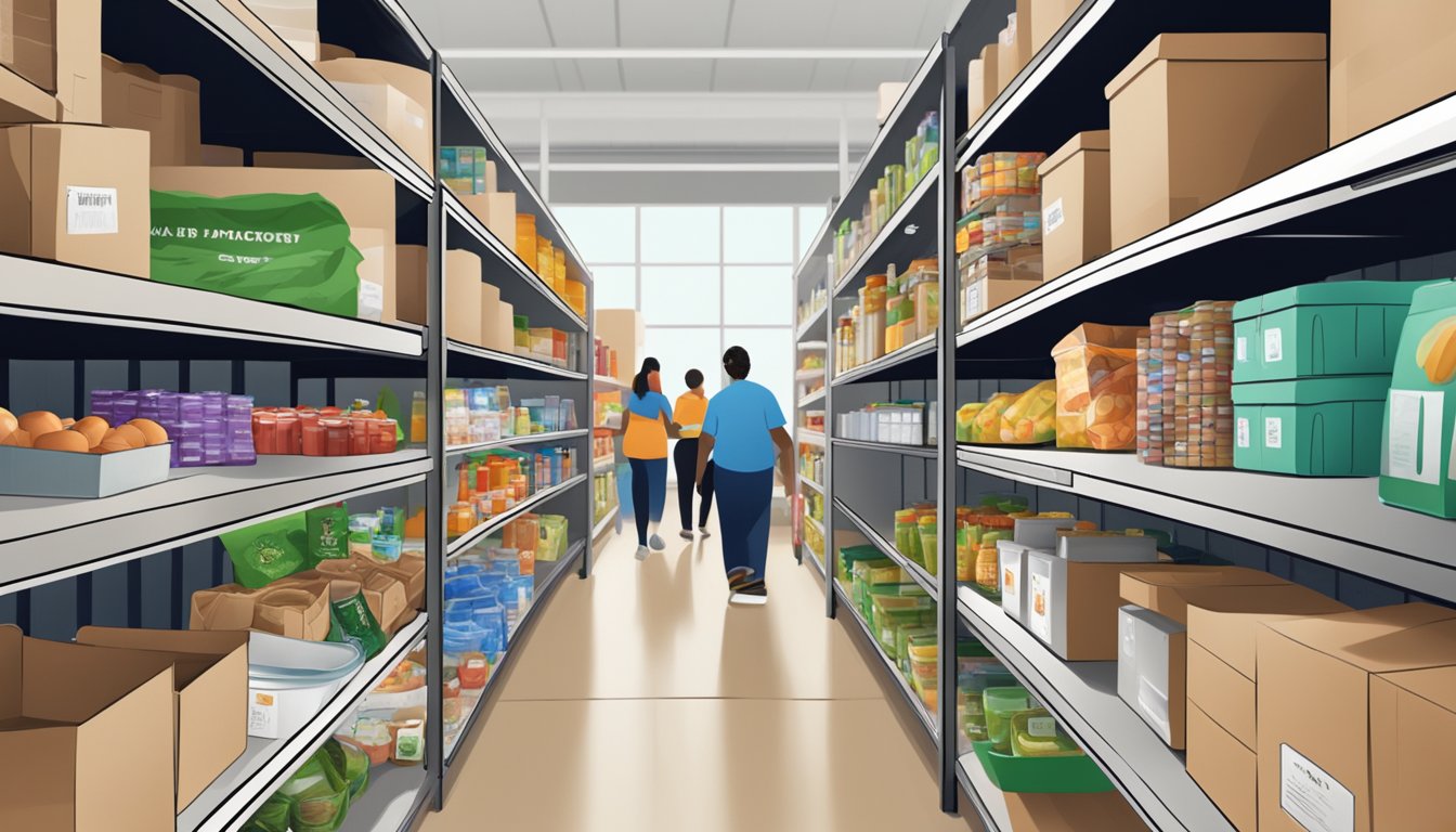 A bustling food pantry in Bexar County, Texas, with shelves stocked full of free groceries and volunteers assisting those in need