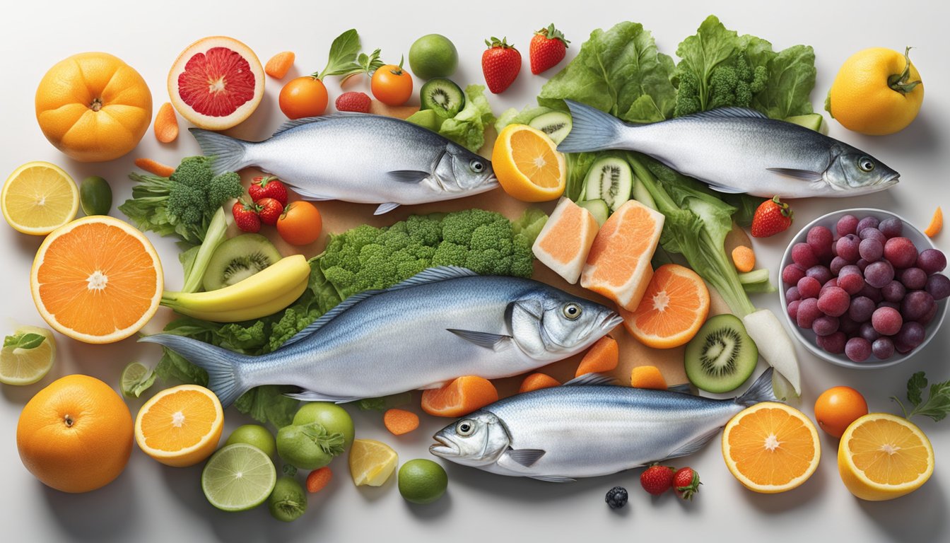 A colorful array of fresh and previously frozen fish displayed on a clean, white countertop, surrounded by vibrant fruits and vegetables