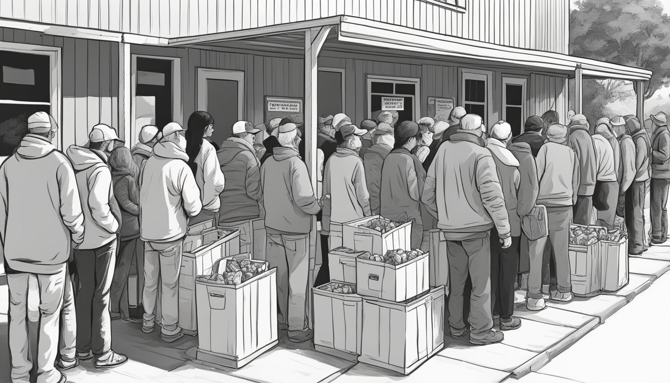 A line of people wait outside a food pantry in Austin County, Texas. Volunteers distribute groceries to those in need