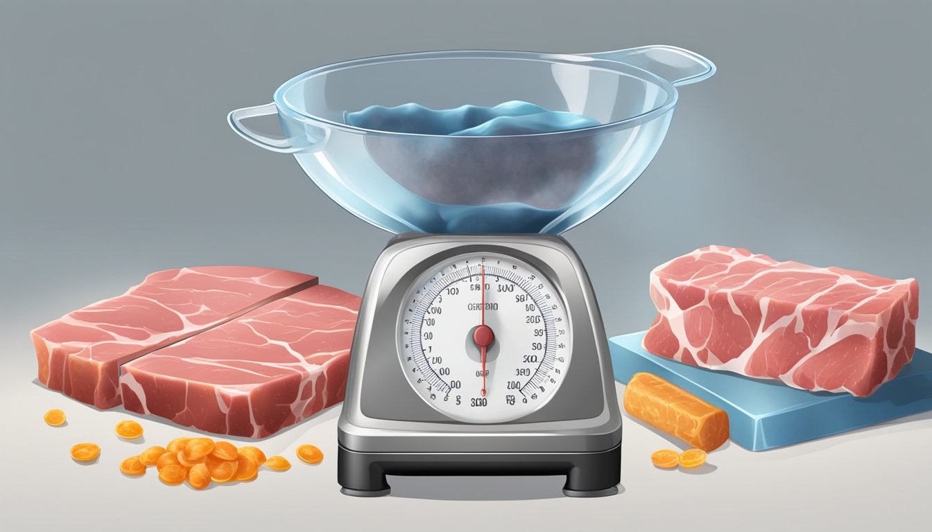 A scale with frozen and fresh meat, a measuring cup, and a dripping thawing slab