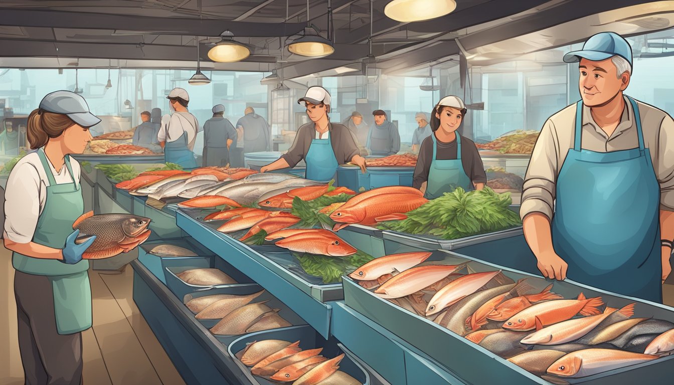 A fish market with a display of fresh and previously frozen seafood. Customers inspecting the different types of fish, comparing quality and flavor