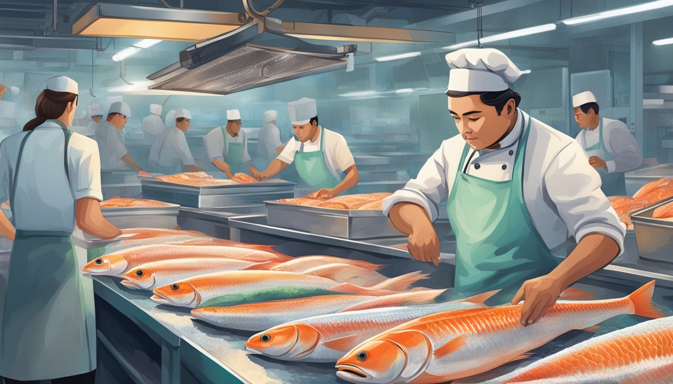 A chef carefully inspects a fresh fish at a bustling fish market, while nearby, a freezer door is opened to reveal rows of previously frozen fish