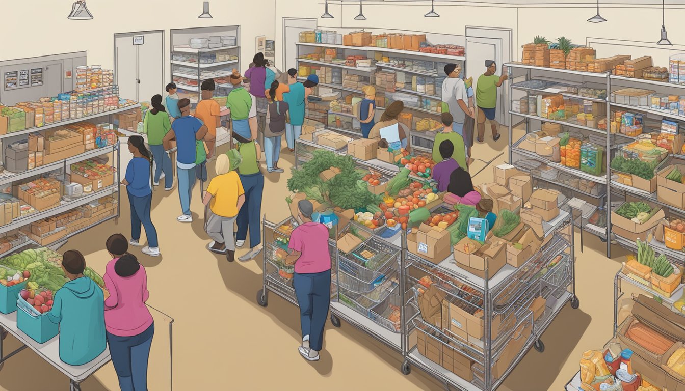 A bustling food pantry in Bexar County, Texas, with volunteers distributing free groceries to those in need