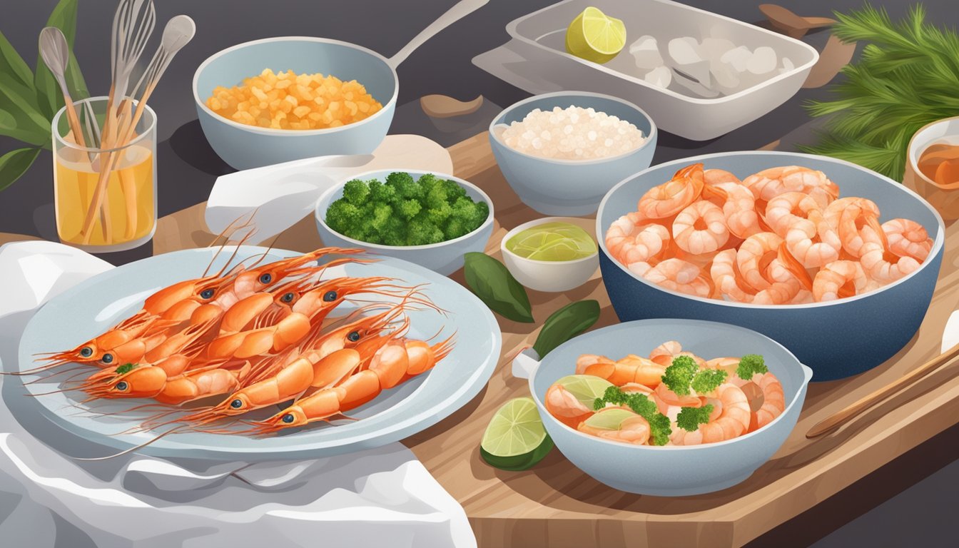 A table with a plate of fresh prawns on one side and a bag of frozen prawns on the other, surrounded by various ingredients and cooking utensils