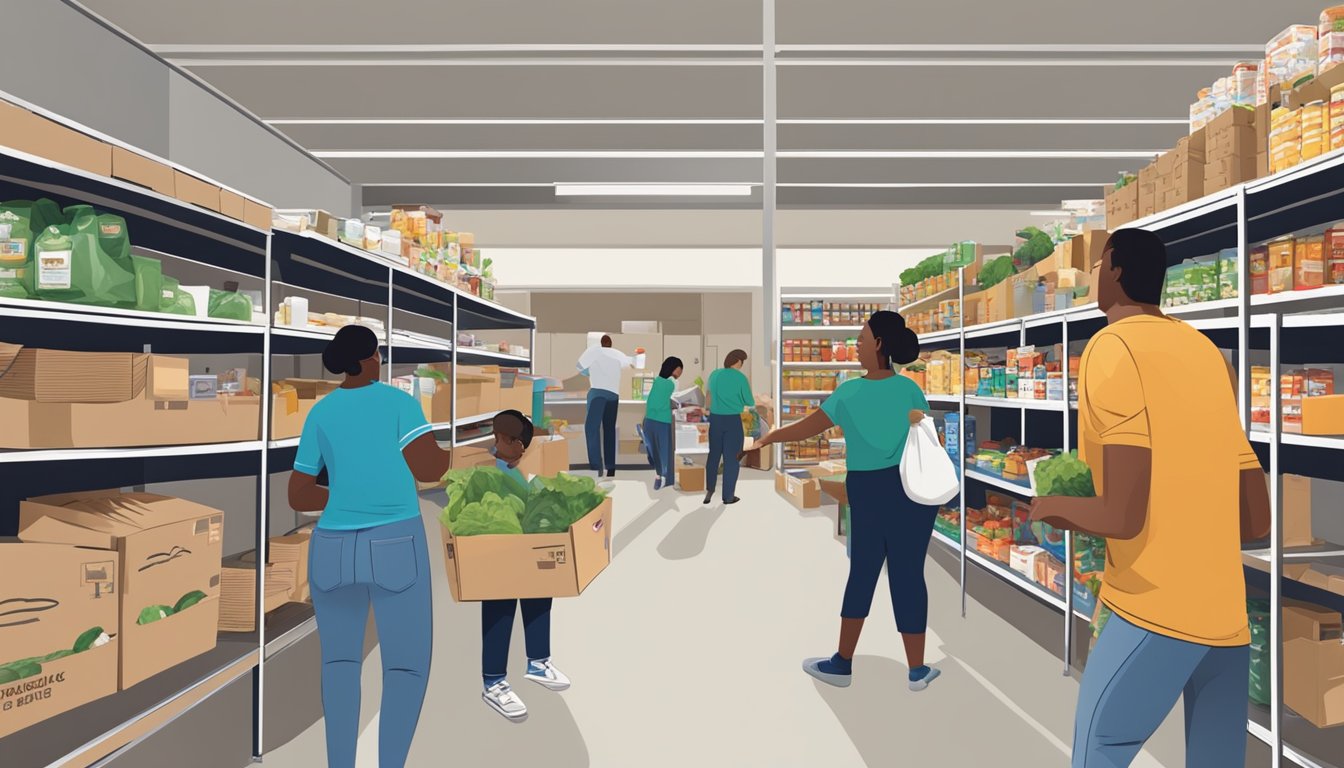 A bustling food pantry in Austin County, Texas, where volunteers distribute free groceries to community members in need