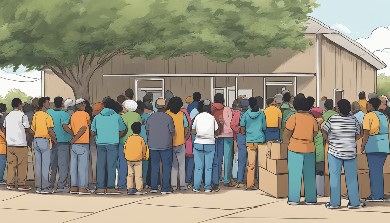 People lining up outside a food pantry in Bexar County, Texas, waiting to receive free groceries and supplies