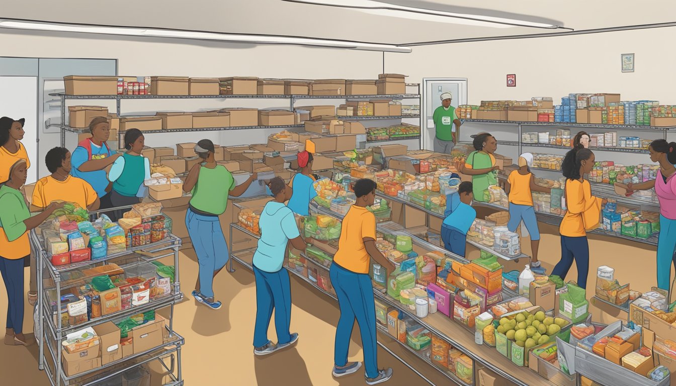 A bustling food pantry in Austin County, Texas, with volunteers distributing free groceries to those in need