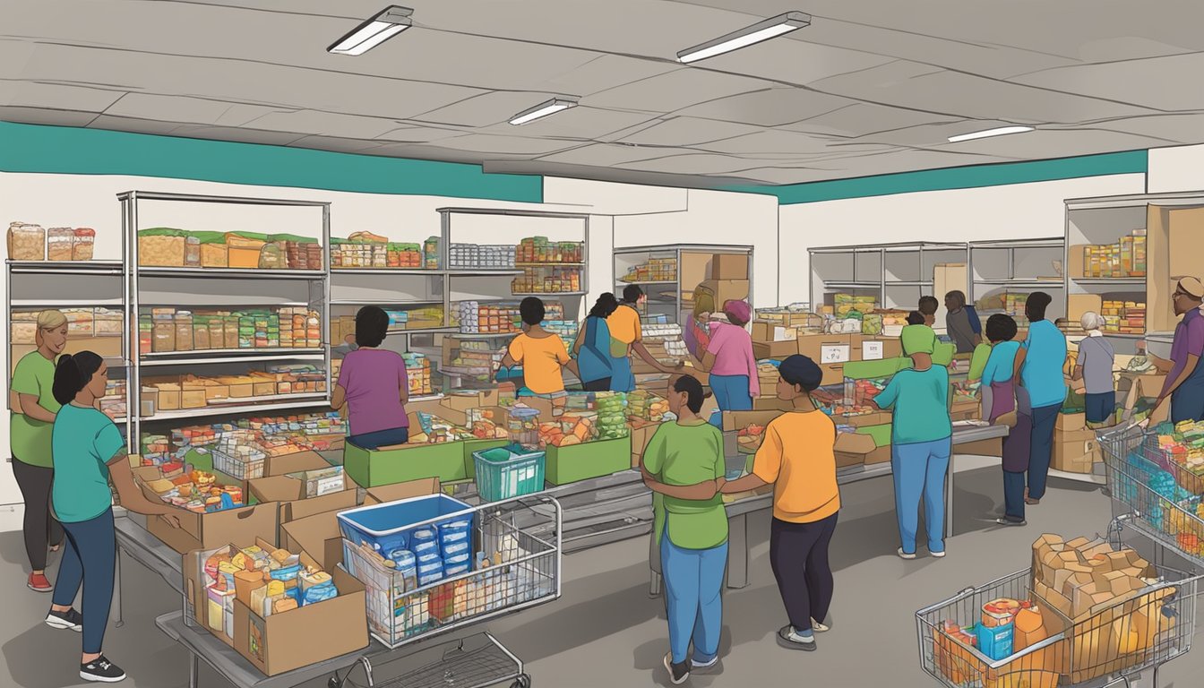 A bustling food pantry in Bexar County, Texas, with volunteers handing out free groceries to those in need