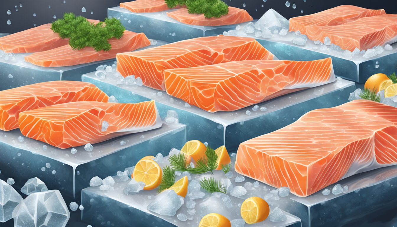 A fish market display showcasing frozen and fresh salmon, with ice and water droplets glistening on the fish