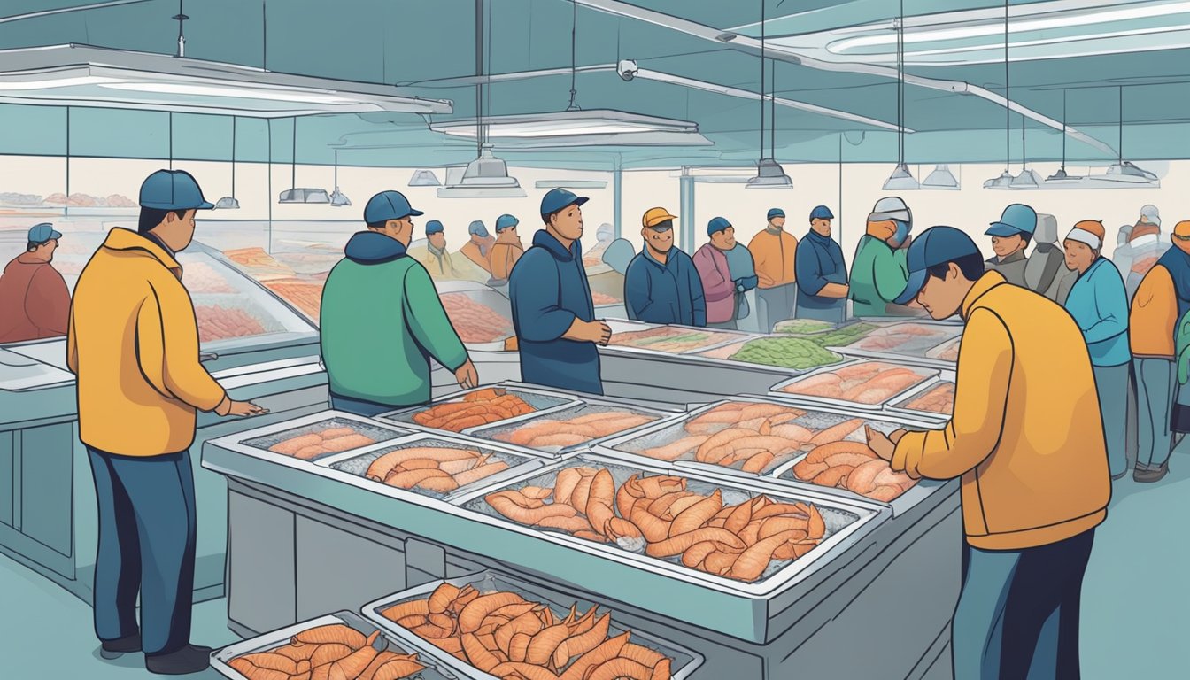 A bustling seafood market with fresh prawns displayed on ice next to a freezer stocked with frozen prawns. Customers compare and debate the merits of each option