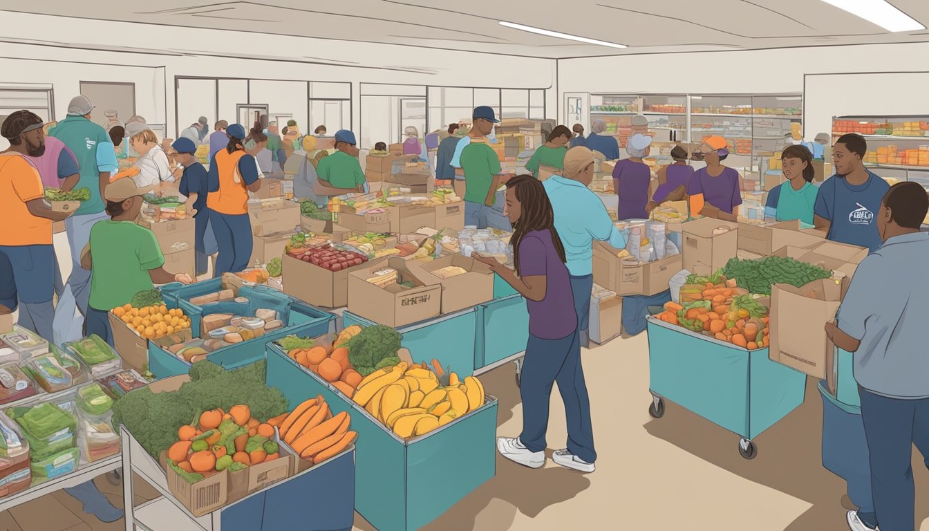 A bustling food pantry in Austin County, Texas, with volunteers distributing free groceries to those in need