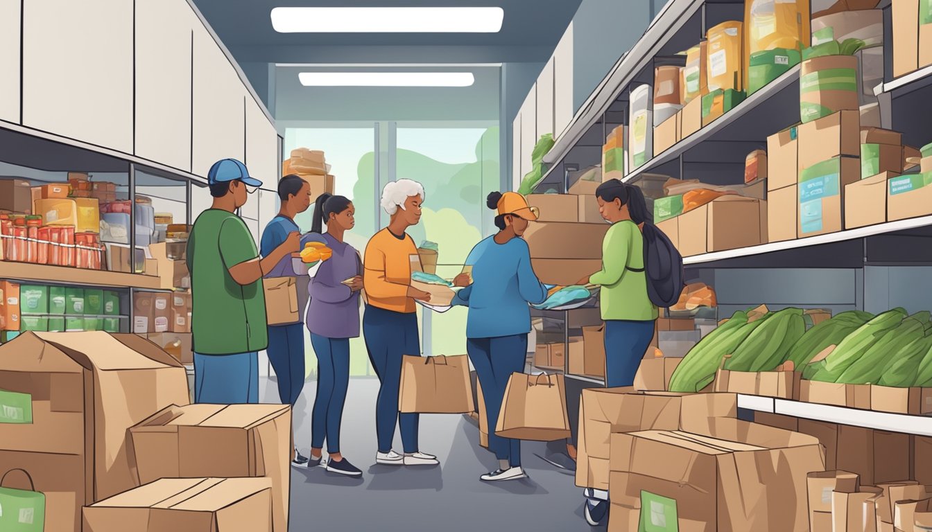 A bustling food pantry with volunteers distributing groceries to families in need