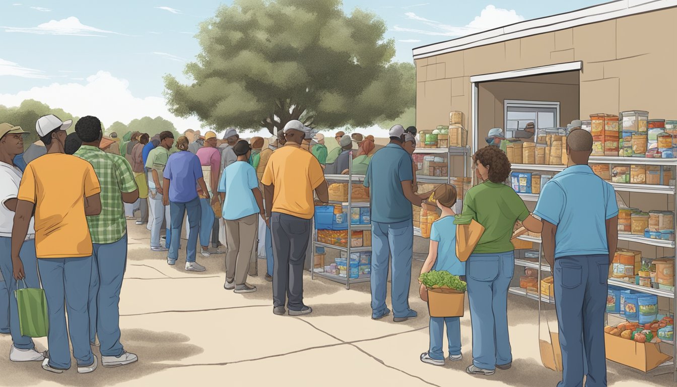 A line of people waiting outside a food pantry in Borden County, Texas, with volunteers handing out free groceries and supplies