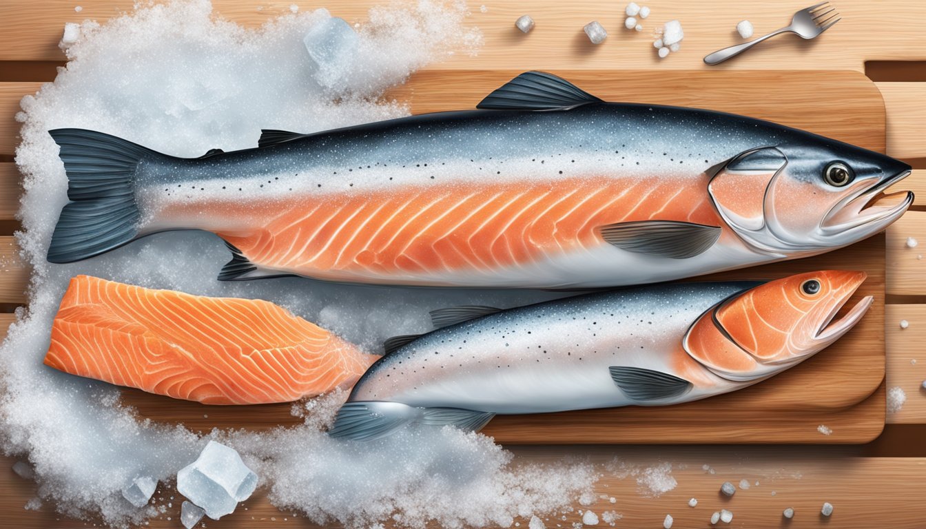 A split image of fresh and frozen salmon on a wooden cutting board, surrounded by ice and snow