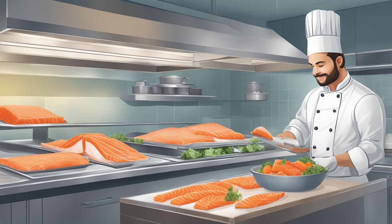 A chef comparing frozen and fresh salmon in a kitchen setting