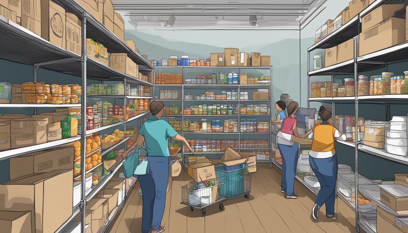 A bustling food pantry in Borden County, Texas, with shelves stocked full of free groceries and volunteers assisting those in need