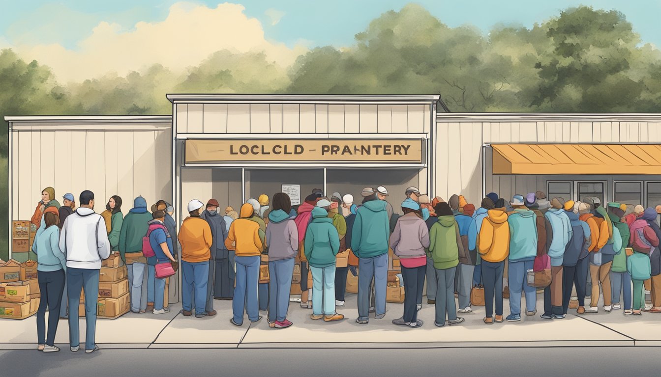 A line of people waits outside a local food pantry in Armstrong County, Texas, as volunteers distribute free groceries to those in need