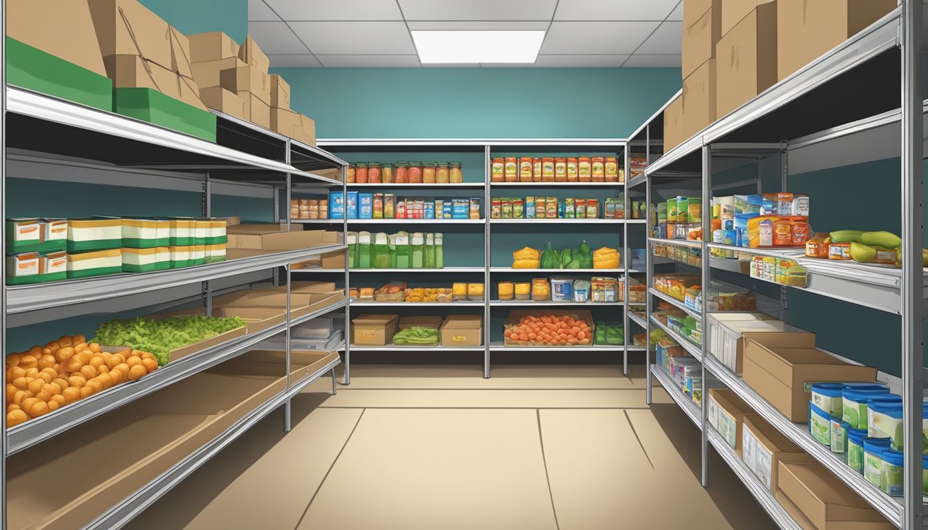 A rural food pantry in Borden County, Texas, with shelves stocked with groceries and volunteers assisting those in need