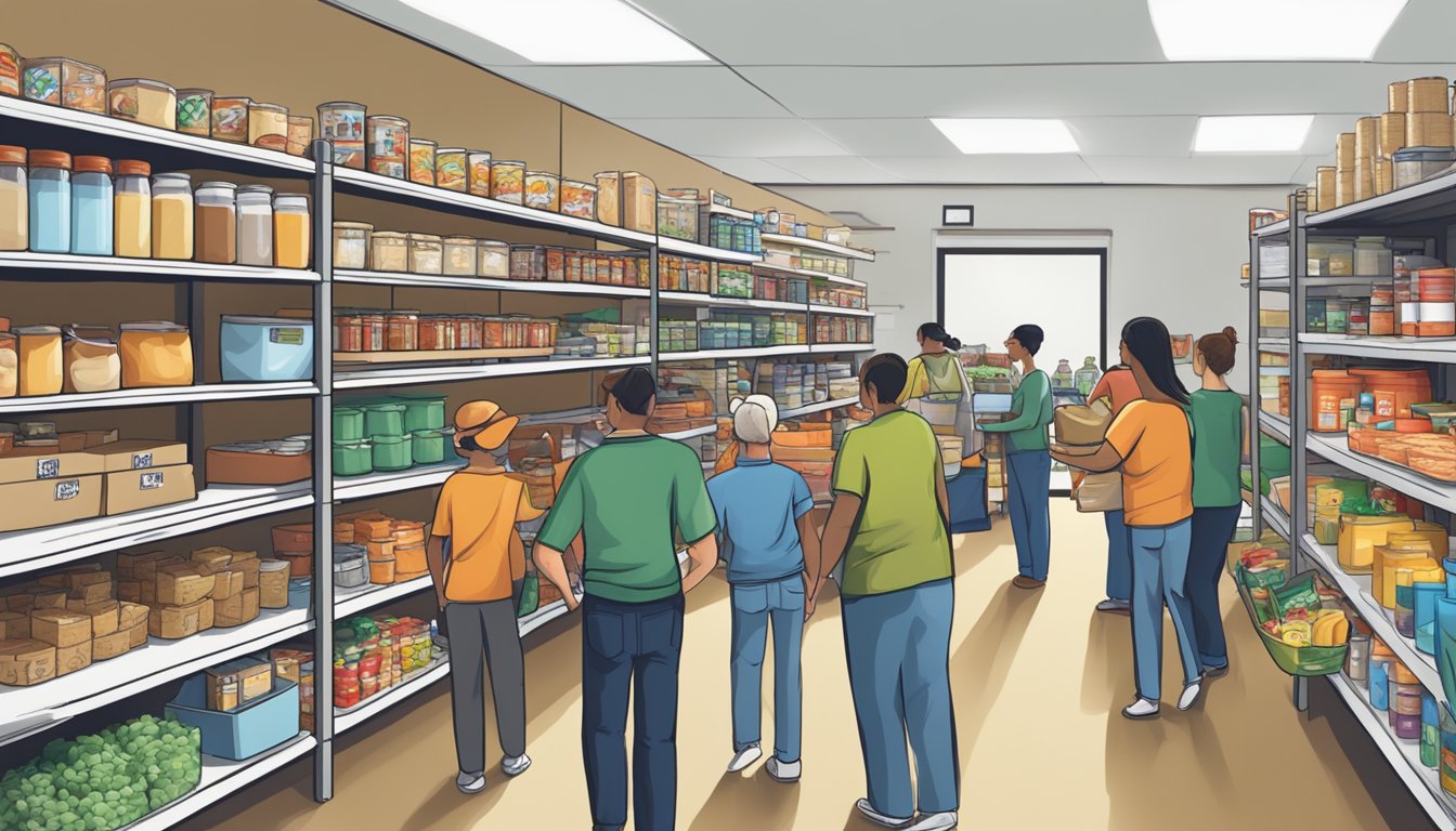 A bustling food pantry in Armstrong County, Texas, with shelves stocked full of free groceries and volunteers assisting those in need