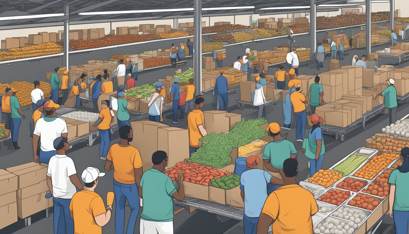 A bustling food distribution center in Brazos County, Texas, with volunteers handing out free groceries to those in need