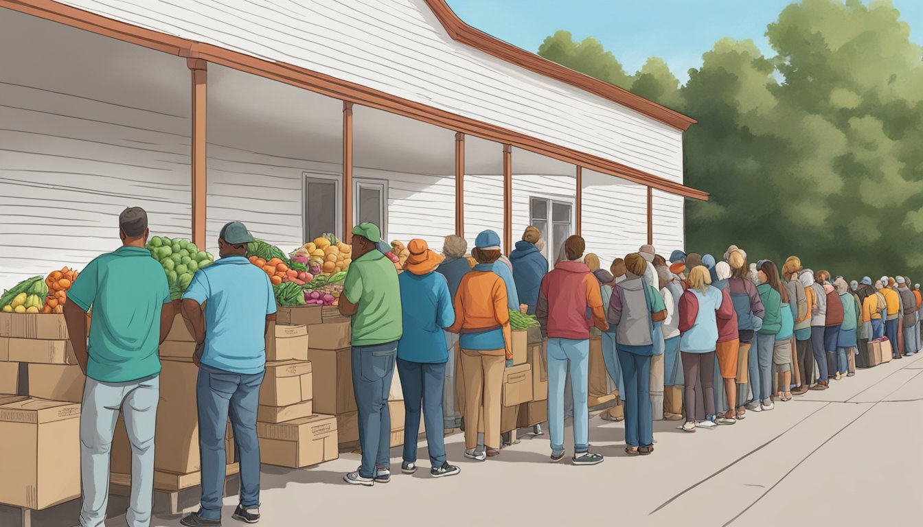 A line of people waits outside a food pantry in Armstrong County, Texas, as volunteers distribute free groceries to those in need