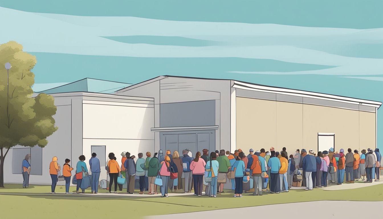 A line of people wait outside a food pantry in Brazos County, Texas. Volunteers hand out bags of groceries to those in need