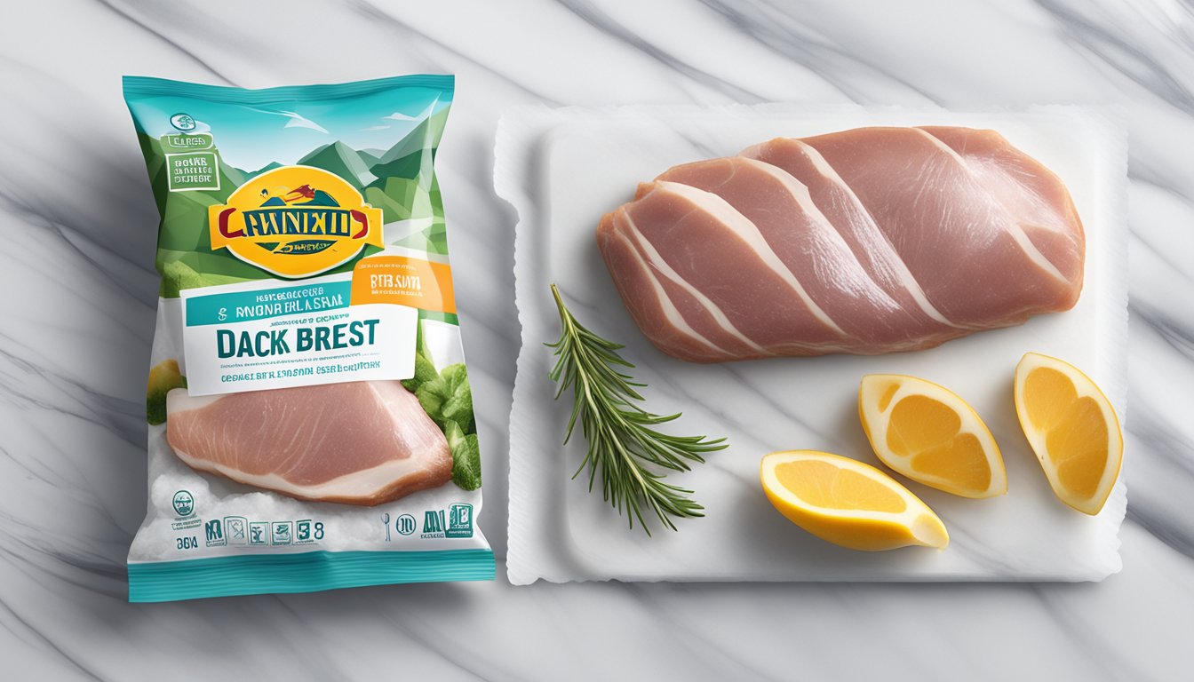 A whole fresh duck breast lies next to a package of frozen duck breast on a clean, white marble countertop. The fresh breast is vibrant and plump, while the frozen breast is solid and icy