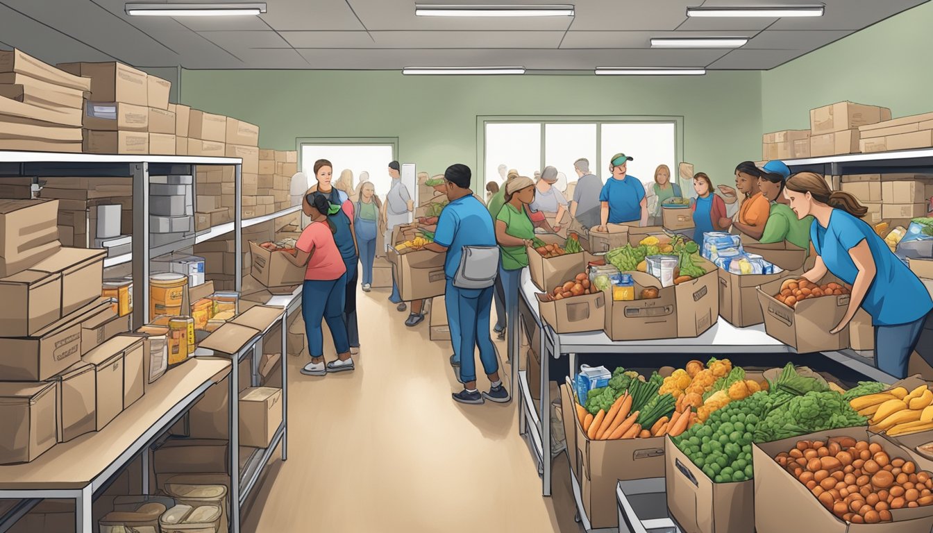 A bustling scene at a food pantry in Borden County, Texas, as volunteers collaborate with government and non-profit organizations to distribute free groceries to those in need