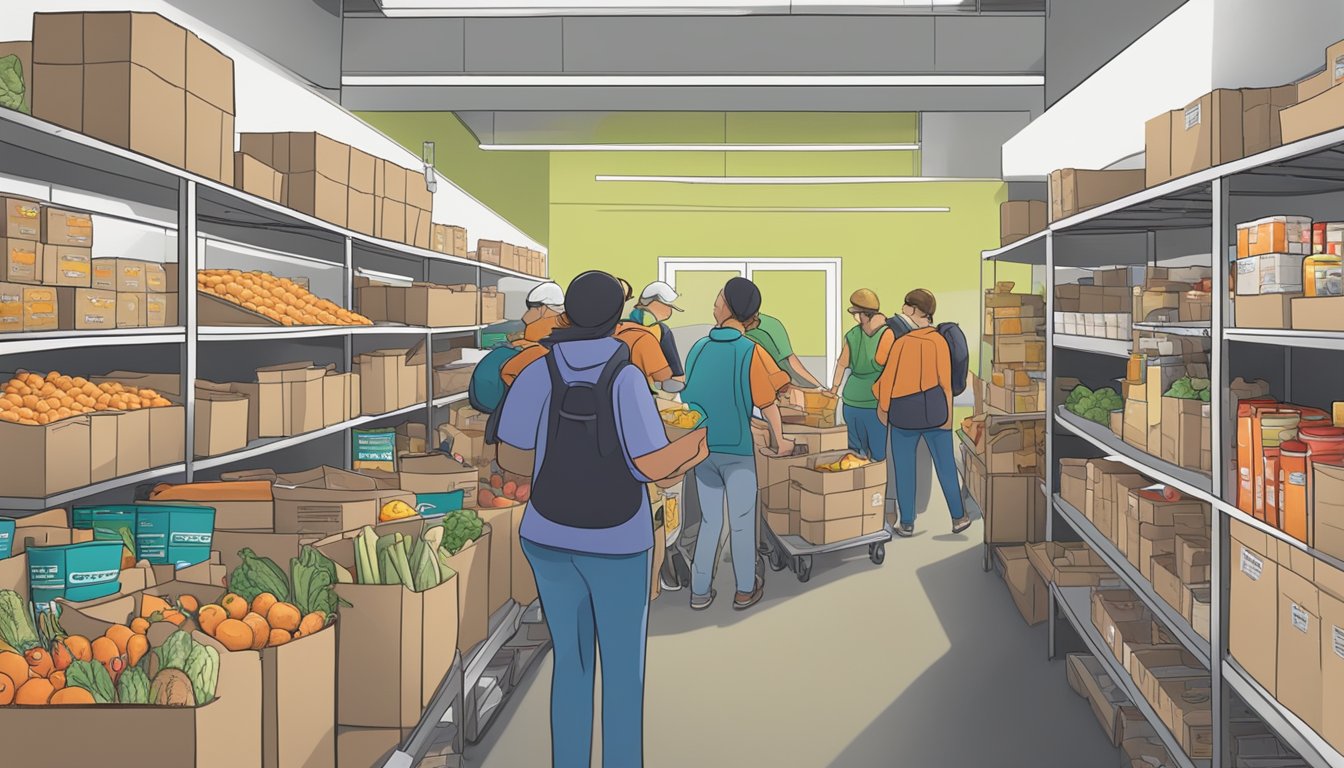 A bustling food pantry in Armstrong County, Texas, with volunteers distributing free groceries to those in need