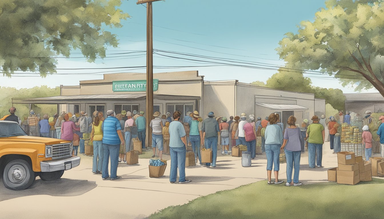 A small rural town in Borden County, Texas, with a line of people waiting outside a food pantry. Volunteers distribute free groceries to those in need