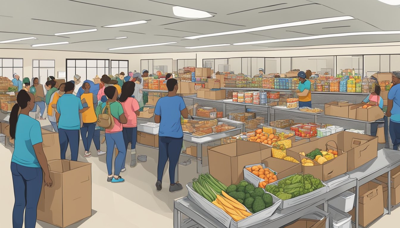 A bustling food pantry in Brazos County, Texas, with volunteers distributing free groceries to those in need