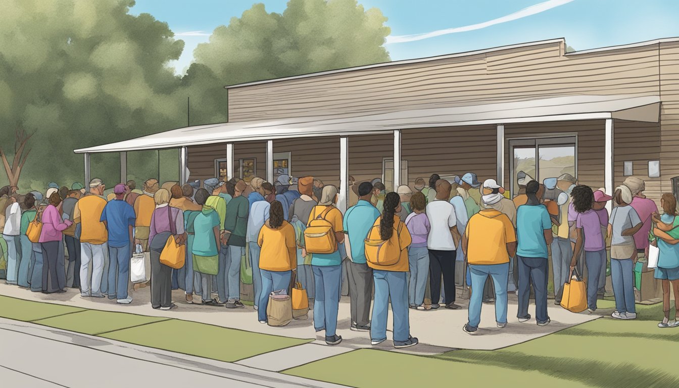 A line of people wait outside a food pantry in Armstrong County, Texas. Volunteers hand out bags of groceries and supplies