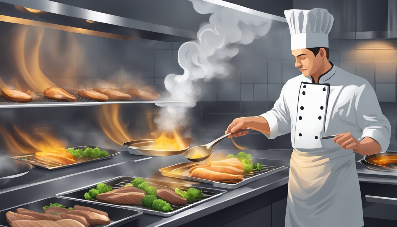 A chef searing fresh and frozen duck breasts in separate pans, with steam rising and the sizzling sound filling the kitchen