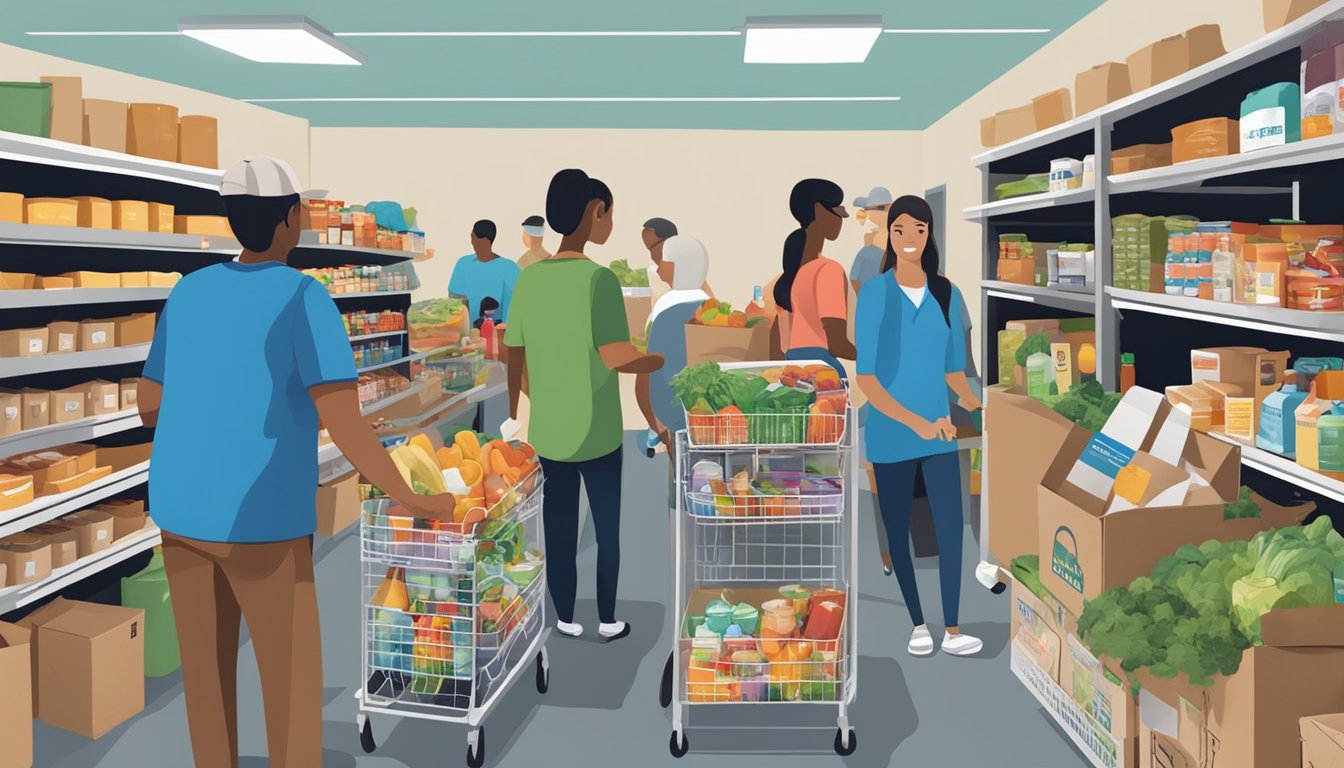 A bustling food pantry in Brazos County, Texas, where volunteers distribute free groceries to those in need