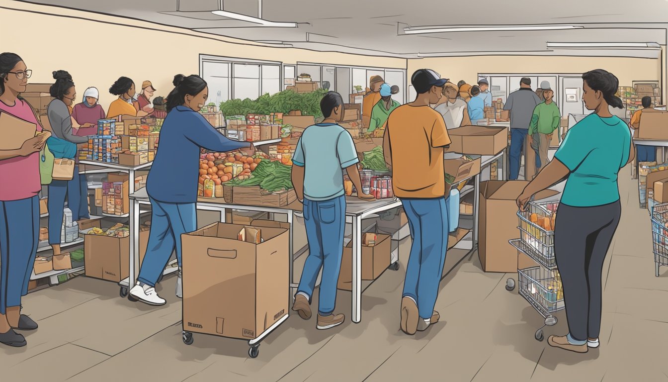 A bustling food pantry in Armstrong County, Texas, with volunteers distributing free groceries to those in need