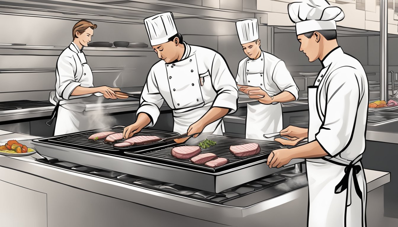 A chef grilling fresh duck breast while another chef sautés frozen duck breast in a sizzling pan