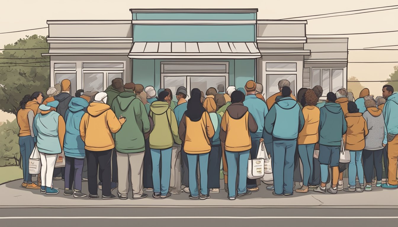 A line of people wait outside a food pantry in Brazos County, Texas. Volunteers distribute groceries and resources to those in need