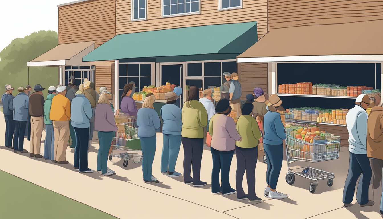 People lining up outside a food pantry, receiving free groceries and donations in Armstrong County, Texas