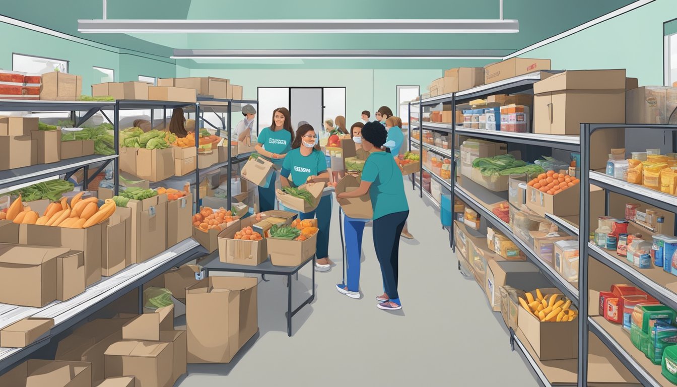 A bustling food pantry in Brazos County, Texas, with volunteers distributing free groceries to those in need