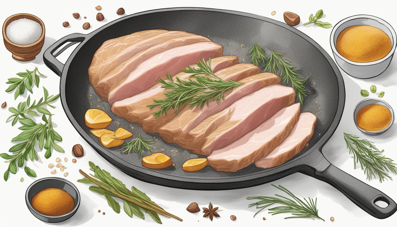 A frozen and a fresh duck breast side by side, surrounded by various herbs and spices. The duck fat is being rendered in a skillet, releasing a rich aroma