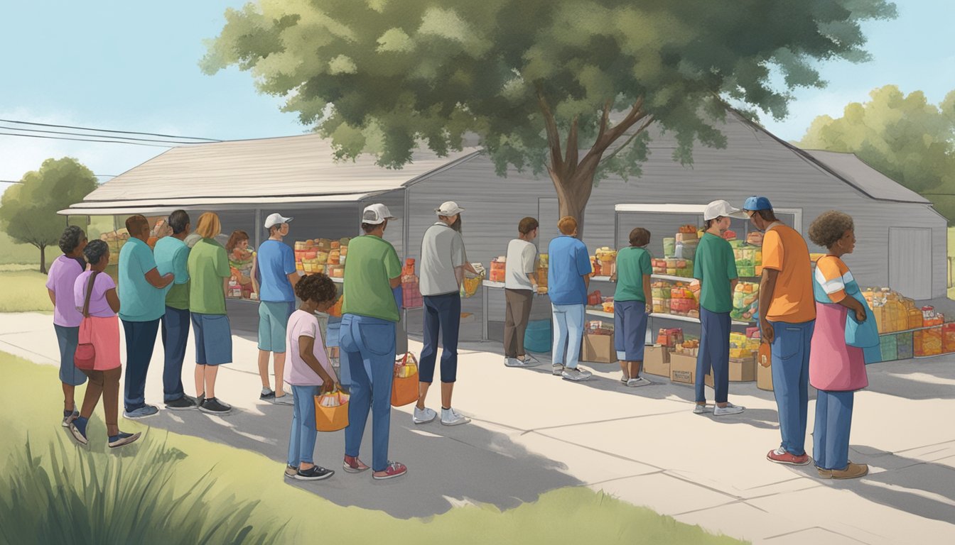 A line of people waits outside a small food pantry in Baylor County, Texas. Volunteers hand out bags of groceries to those in need