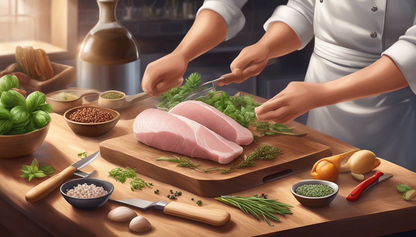 A chef prepares and presents both frozen and fresh duck breasts on a wooden cutting board, surrounded by various herbs, spices, and cooking utensils