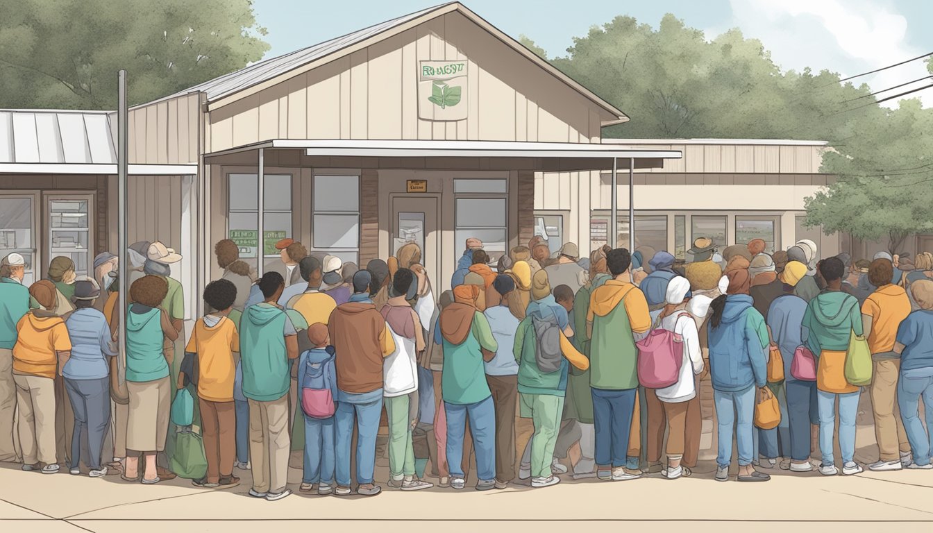 A line of people waiting outside a food pantry in Baylor County, Texas, with volunteers distributing free groceries to those in need