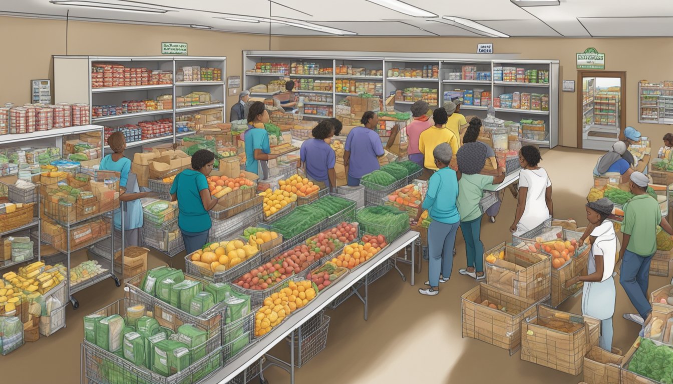 A bustling food pantry in Baylor County, Texas, with people receiving free groceries and assistance