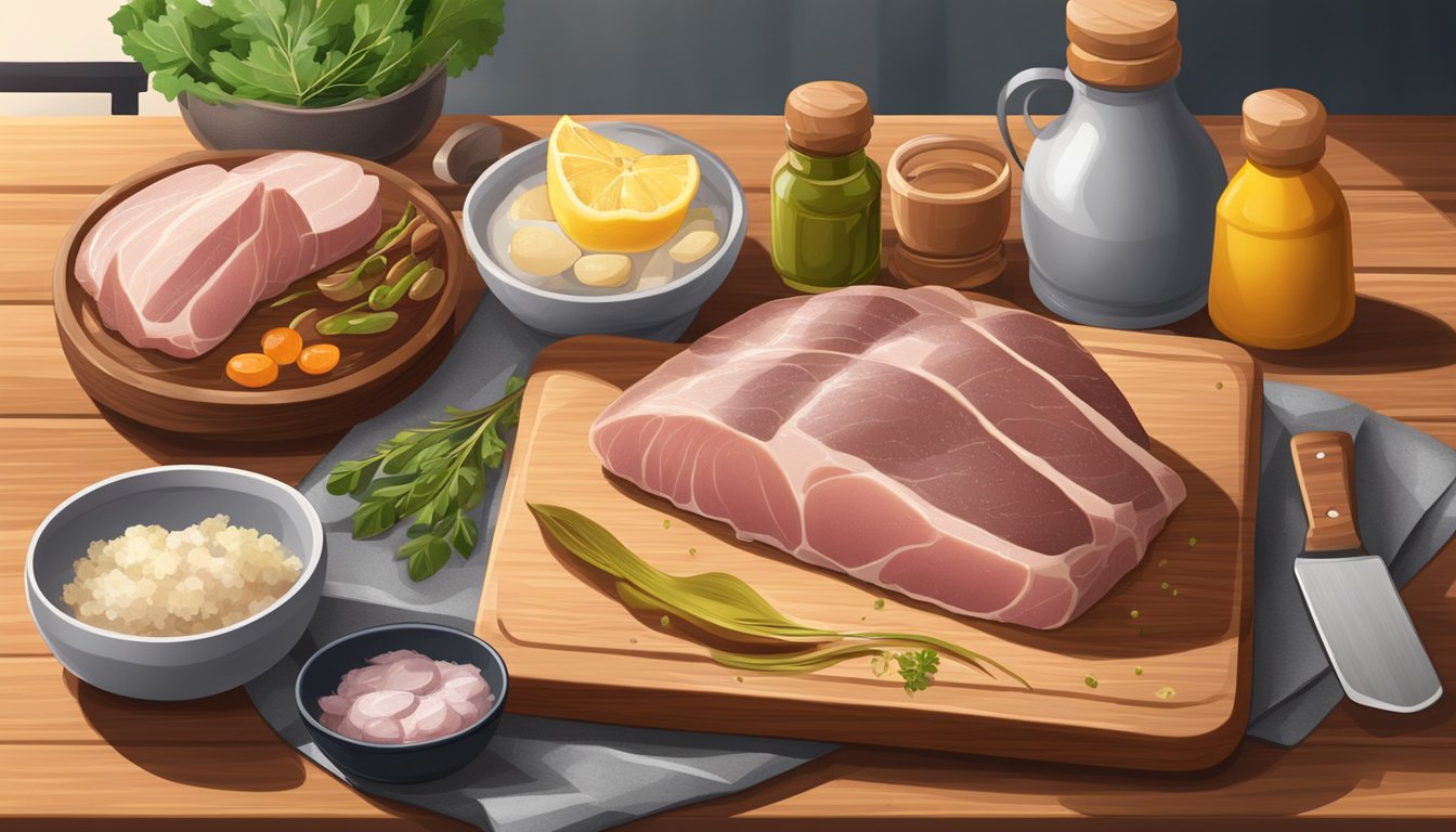 A fresh duck breast and a frozen duck breast sit side by side on a wooden cutting board, surrounded by various kitchen utensils and ingredients