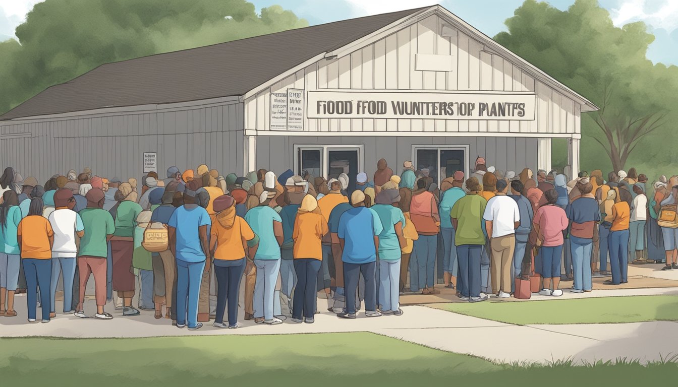 A line of people wait outside a food pantry in Brooks County, Texas. Volunteers hand out free groceries to those in need