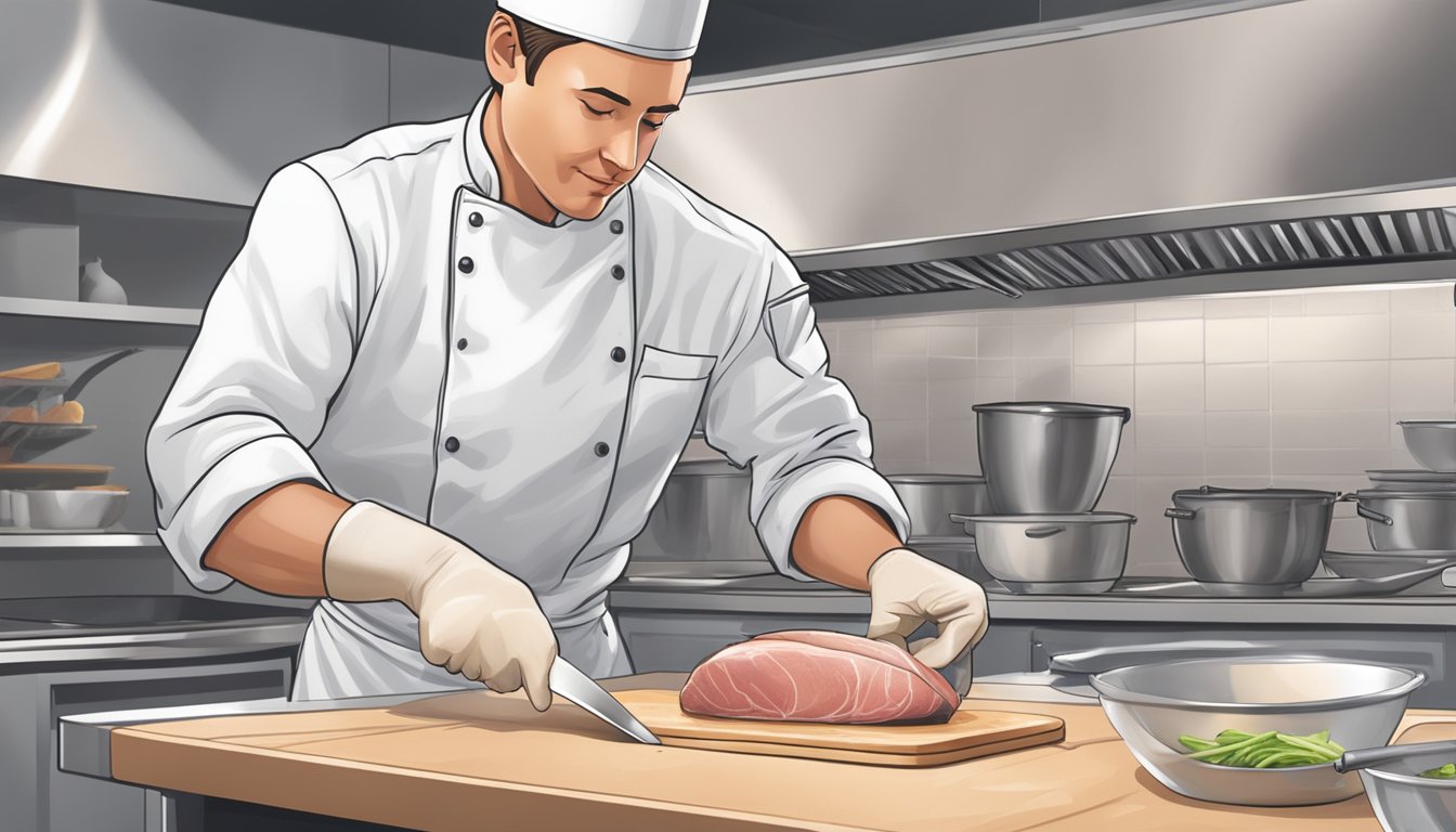 A chef slices into a fresh duck breast, while the other half of the scene shows a vacuum-sealed package of frozen duck breast