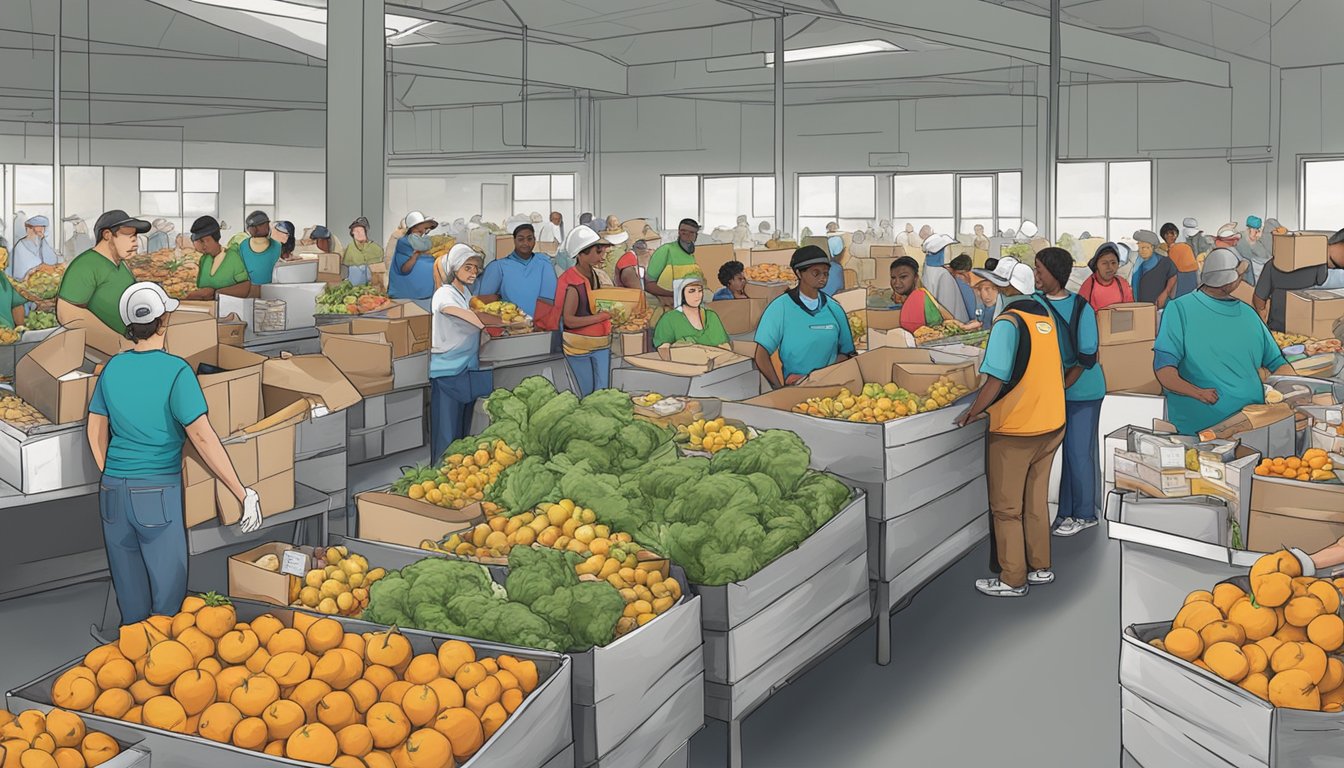 A bustling food bank in Brooks County, Texas, with volunteers distributing groceries to those in need