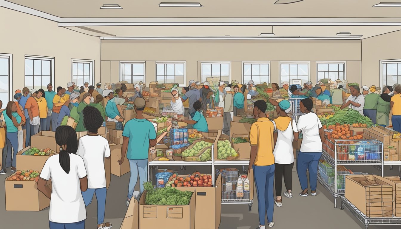 A bustling food pantry in Baylor County, Texas, with volunteers distributing free groceries to those in need