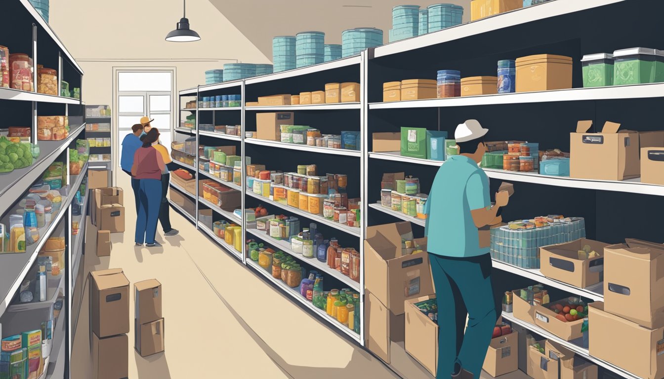 A bustling food pantry in Brewster County, Texas, with shelves stocked full of free groceries and volunteers assisting those in need